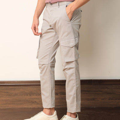 Rare Rabbit Men's Celu Grey Solid Mid-Rise Cargo Style Slim-Fit Trouser
