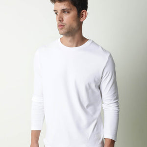 Rare Rabbit Full Primary White Solid Crew Neck Full Sleeve Slim Fit T-Shirt