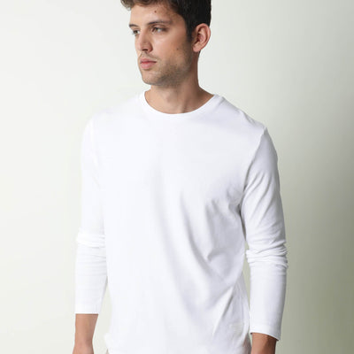 Rare Rabbit Full Primary White Solid Crew Neck Full Sleeve Slim Fit T-Shirt