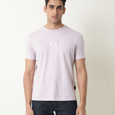 Rare Rabbit Nex Pastel Purple Crew Neck Foil HD Print Half Sleeves Slim Fit T-Shirt