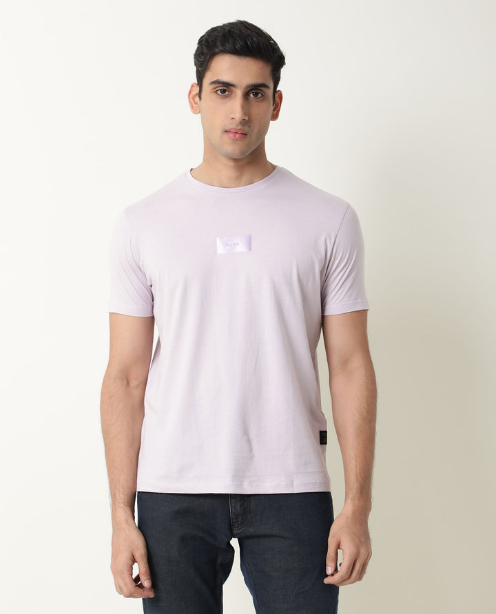 Rare Rabbit Nex Pastel Purple Crew Neck Foil HD Print Half Sleeves Slim Fit T-Shirt