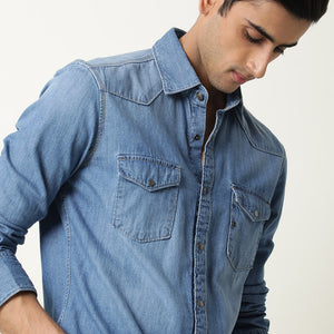 Rare Rabbit Men's Taison Light Blue Full Sleeves Denim Shirt