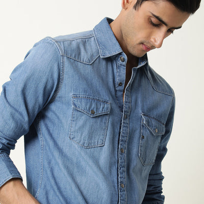 Rare Rabbit Men's Taison Light Blue Full Sleeves Denim Shirt