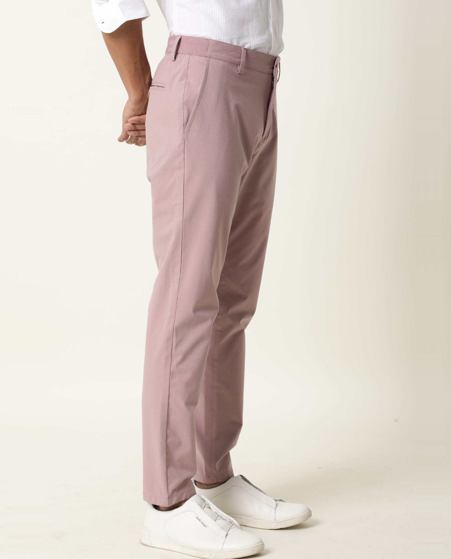 Rare Rabbit Men's Driver Pink Polyester Viscose Fabric Button & Zip Closure Slim Fit Trouser
