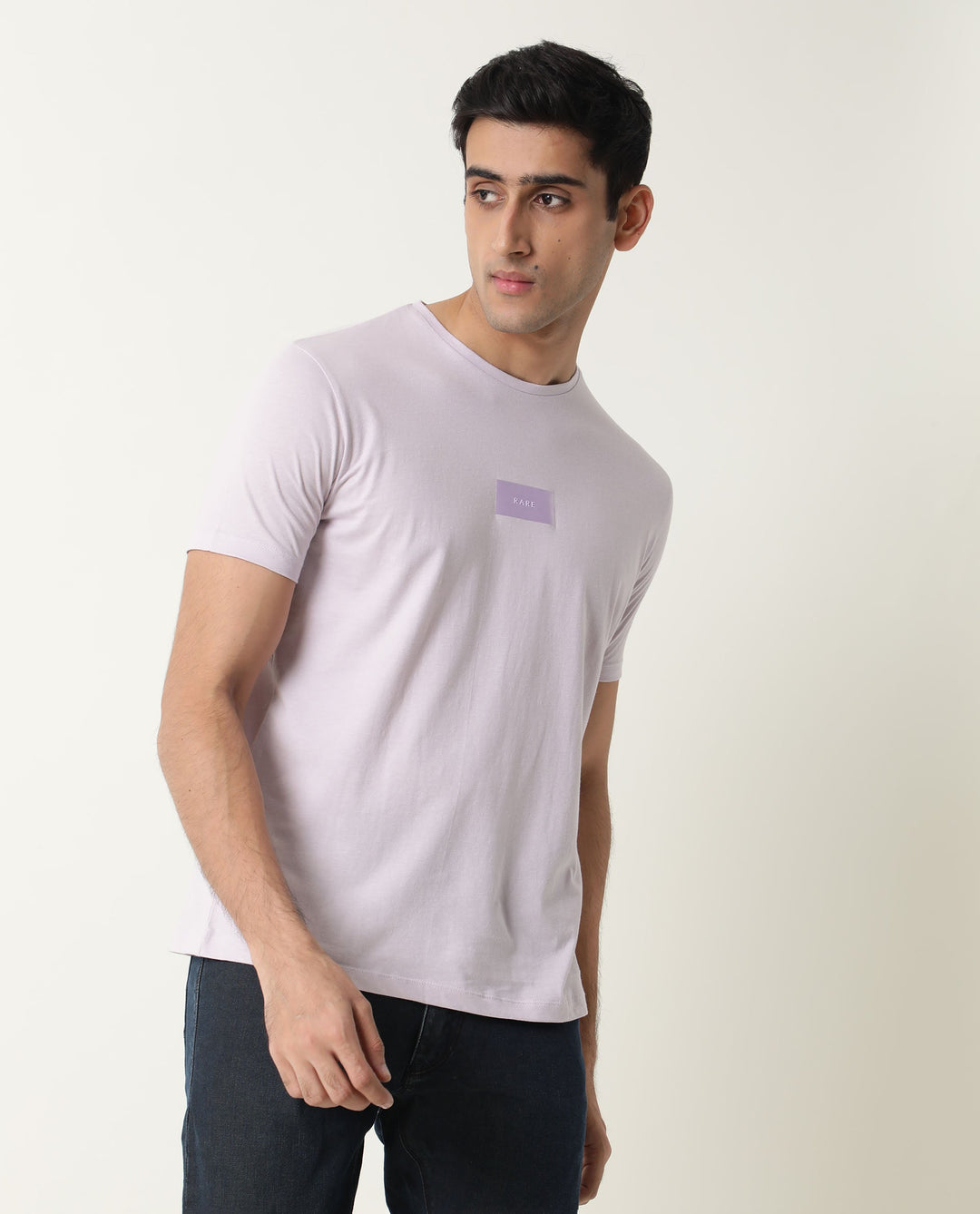 Rare Rabbit Nex Pastel Purple Crew Neck Foil HD Print Half Sleeves Slim Fit T-Shirt