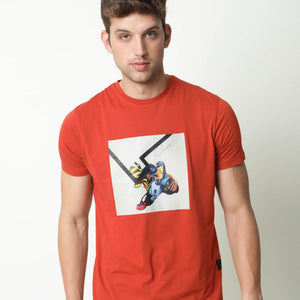 Rare Rabbit Mens Chak Rust T-Shirt Cotton Fabric Slim Fit Crew Neck Short Sleeve