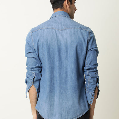 Rare Rabbit Men's Taison Light Blue Full Sleeves Denim Shirt