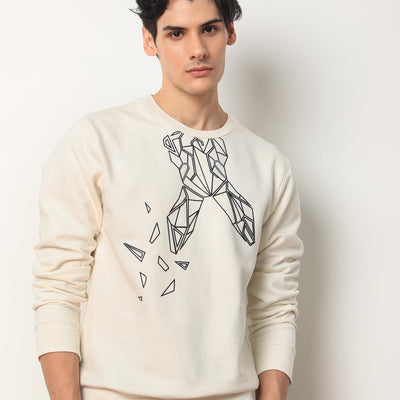 Rare Rabbit Mens Oakk Off White Full Sleeves Crew Neck Graphic Logo Print Sweatshirt