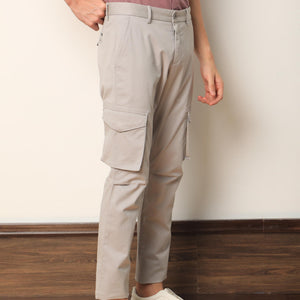 Rare Rabbit Men's Celu Grey Solid Mid-Rise Cargo Style Slim-Fit Trouser