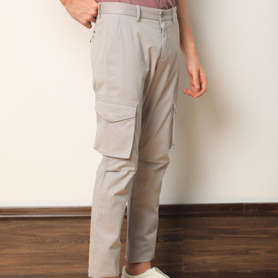 Rare Rabbit Men's Celu Grey Solid Mid-Rise Cargo Style Slim-Fit Trouser