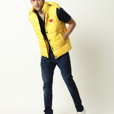 Rare Rabbit Men's Depot Yellow Plain Sleeveless Detachable Hood Puffer Jacket