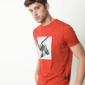 Rare Rabbit Mens Chak Rust T-Shirt Cotton Fabric Slim Fit Crew Neck Short Sleeve