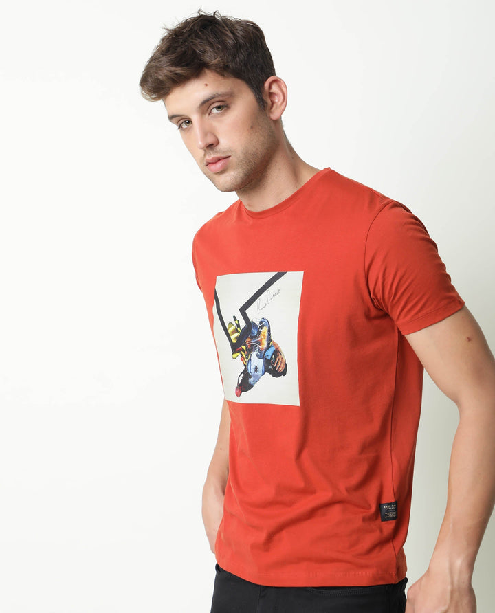 Rare Rabbit Mens Chak Rust T-Shirt Cotton Fabric Slim Fit Crew Neck Short Sleeve