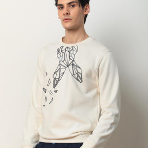 Rare Rabbit Mens Oakk Off White Full Sleeves Crew Neck Graphic Logo Print Sweatshirt