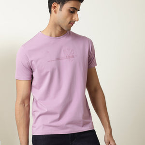 Rare Rabbit Men's Milton Pink Cotton Lycra Fabric Crew Neck Half Sleeves Regular Fit Graphic Print Branding And Logo T-Shirt