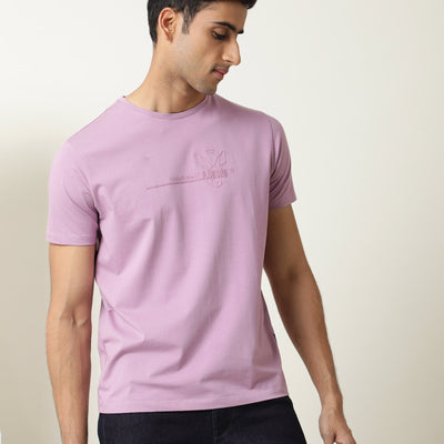 Rare Rabbit Men's Milton Pink Cotton Lycra Fabric Crew Neck Half Sleeves Regular Fit Graphic Print Branding And Logo T-Shirt