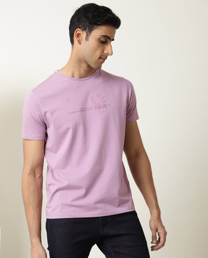 Rare Rabbit Men's Milton Pink Cotton Lycra Fabric Crew Neck Half Sleeves Regular Fit Graphic Print Branding And Logo T-Shirt