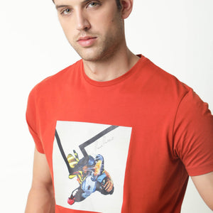 Rare Rabbit Mens Chak Rust T-Shirt Cotton Fabric Slim Fit Crew Neck Short Sleeve