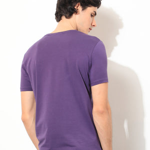 Rare Rabbit Men's Fulton Purple Crew Neck Abstract Graphic Print With Branding Half Sleeves Regular Fit T-Shirt