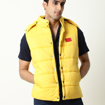 Rare Rabbit Men's Depot Yellow Plain Sleeveless Detachable Hood Puffer Jacket