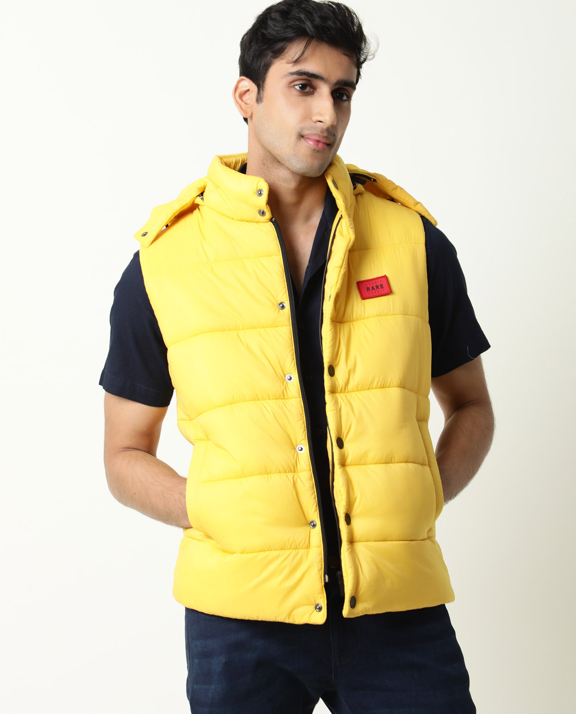 Rare Rabbit Men's Depot Yellow Plain Sleeveless Detachable Hood Puffer Jacket