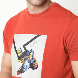Rare Rabbit Mens Chak Rust T-Shirt Cotton Fabric Slim Fit Crew Neck Short Sleeve