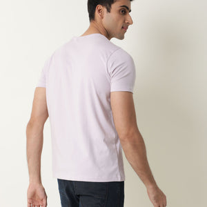 Rare Rabbit Nex Pastel Purple Crew Neck Foil HD Print Half Sleeves Slim Fit T-Shirt