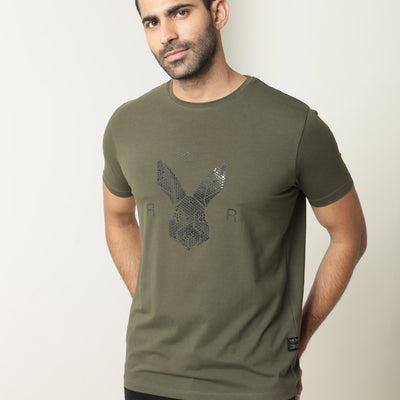 Rare Rabbit Men's Stud Olive Cotton Fabric Crew Neck Half Sleeves Regular Fit Graphic Printed Logo T-Shirt