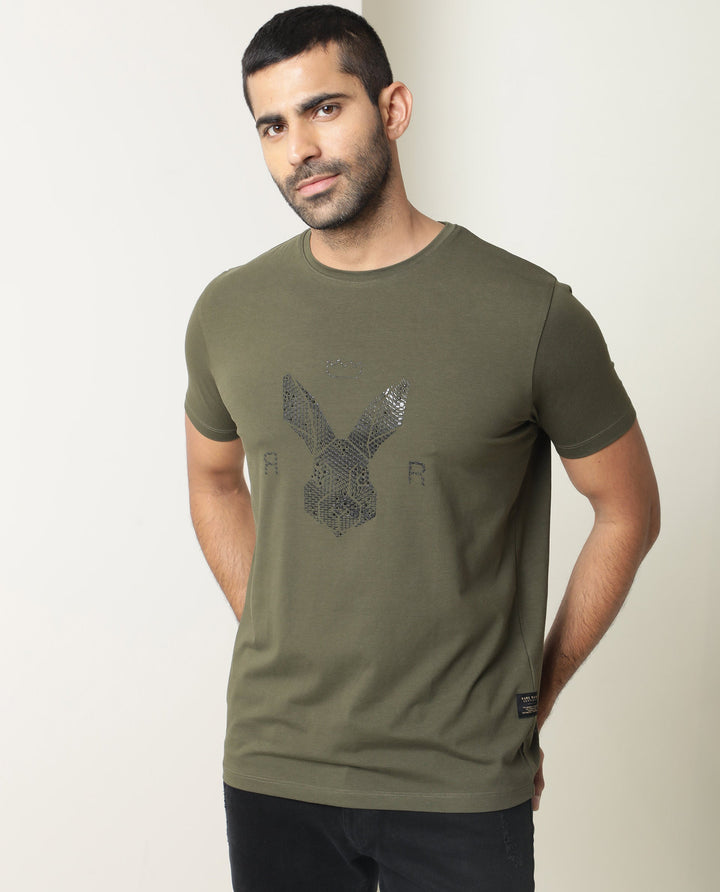 Rare Rabbit Men's Stud Olive Cotton Fabric Crew Neck Half Sleeves Regular Fit Graphic Printed Logo T-Shirt