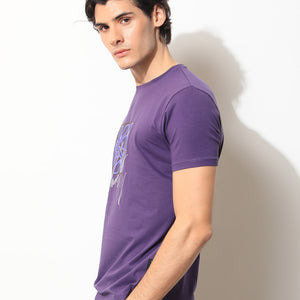 Rare Rabbit Men's Fulton Purple Crew Neck Abstract Graphic Print With Branding Half Sleeves Regular Fit T-Shirt