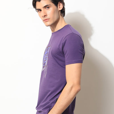 Rare Rabbit Men's Fulton Purple Crew Neck Abstract Graphic Print With Branding Half Sleeves Regular Fit T-Shirt
