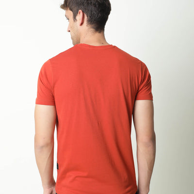 Rare Rabbit Mens Chak Rust T-Shirt Cotton Fabric Slim Fit Crew Neck Short Sleeve