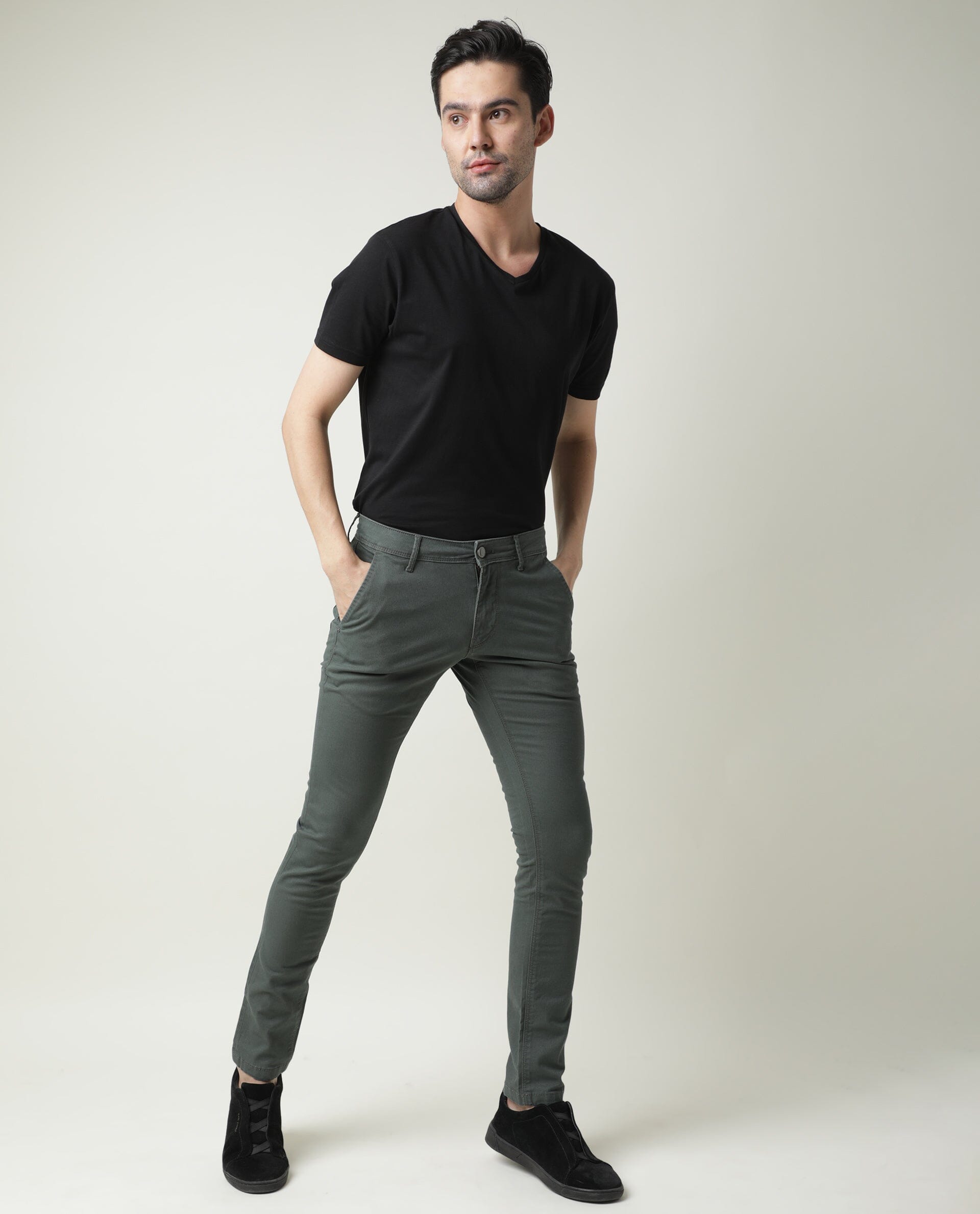 Rare Rabbit Men'S'S Saho Olive Jeans Pant Cotton Lycra Fabric Slim Fit Mid-Rise Waist Zipper Closure