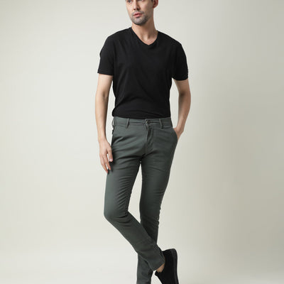 Rare Rabbit Men'S'S Saho Olive Jeans Pant Cotton Lycra Fabric Slim Fit Mid-Rise Waist Zipper Closure