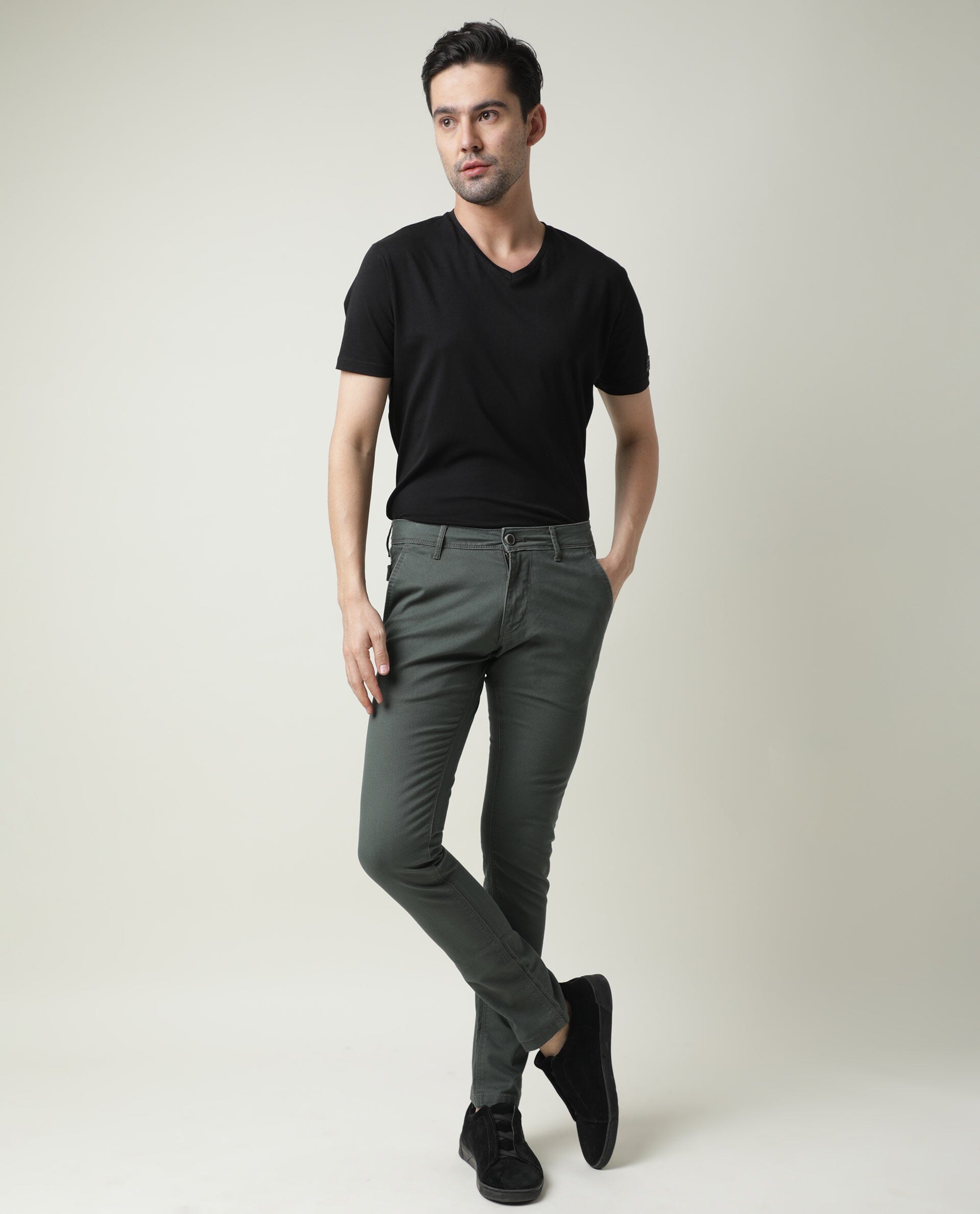 Rare Rabbit Men'S'S Saho Olive Jeans Pant Cotton Lycra Fabric Slim Fit Mid-Rise Waist Zipper Closure