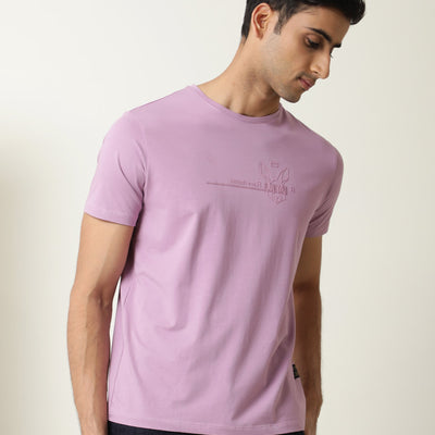 Rare Rabbit Men's Milton Pink Cotton Lycra Fabric Crew Neck Half Sleeves Regular Fit Graphic Print Branding And Logo T-Shirt