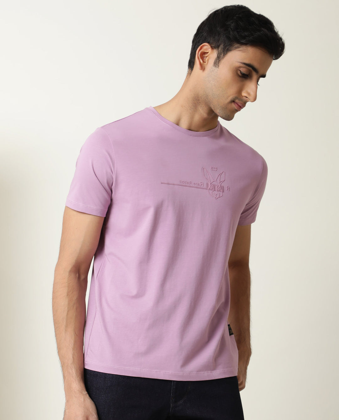 Rare Rabbit Men's Milton Pink Cotton Lycra Fabric Crew Neck Half Sleeves Regular Fit Graphic Print Branding And Logo T-Shirt