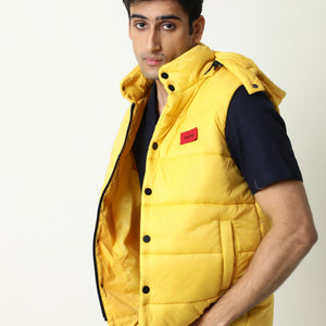 Rare Rabbit Men's Depot Yellow Plain Sleeveless Detachable Hood Puffer Jacket