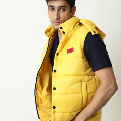 Rare Rabbit Men's Depot Yellow Plain Sleeveless Detachable Hood Puffer Jacket