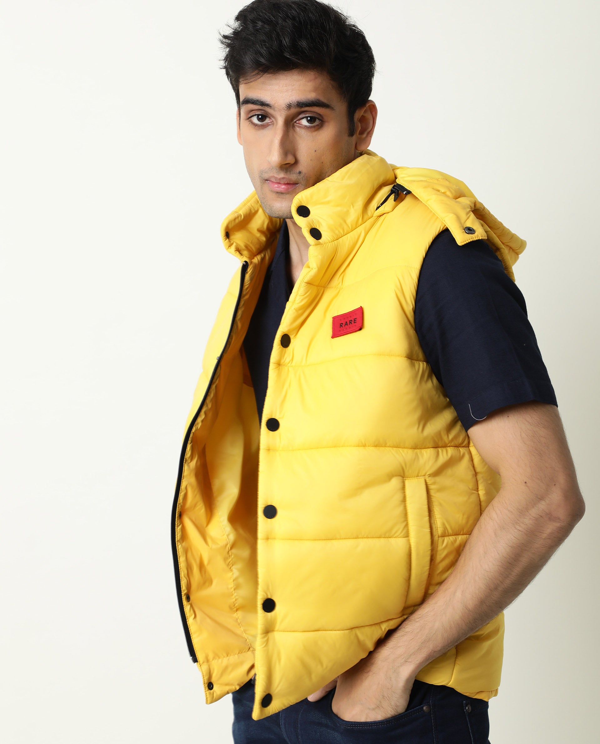 Rare Rabbit Men's Depot Yellow Plain Sleeveless Detachable Hood Puffer Jacket