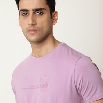 Rare Rabbit Men's Milton Pink Cotton Lycra Fabric Crew Neck Half Sleeves Regular Fit Graphic Print Branding And Logo T-Shirt