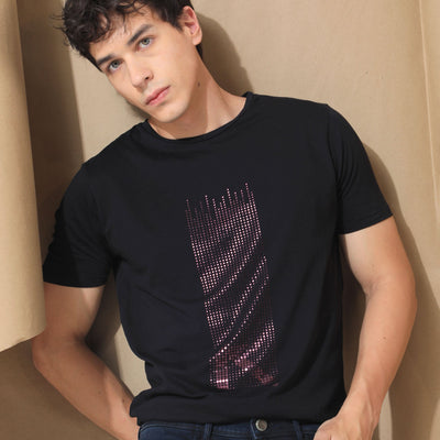 RARE RABBIT MEN'S DOTTER BLACK T-SHIRT COTTON FABRIC CREW NECK HALF SLEEVES SLIM FIT