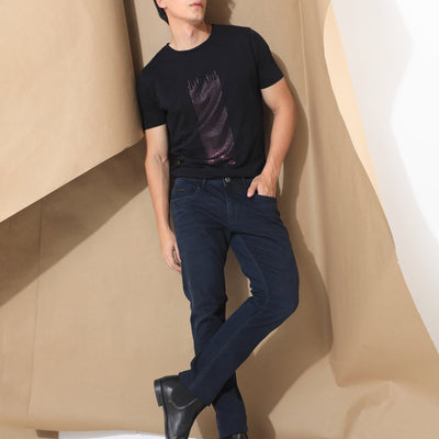 RARE RABBIT MEN'S DOTTER BLACK T-SHIRT COTTON FABRIC CREW NECK HALF SLEEVES SLIM FIT