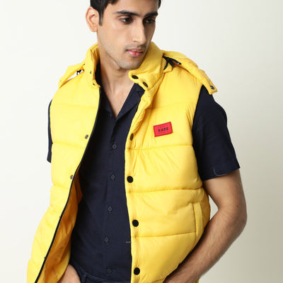Rare Rabbit Men's Depot Yellow Plain Sleeveless Detachable Hood Puffer Jacket