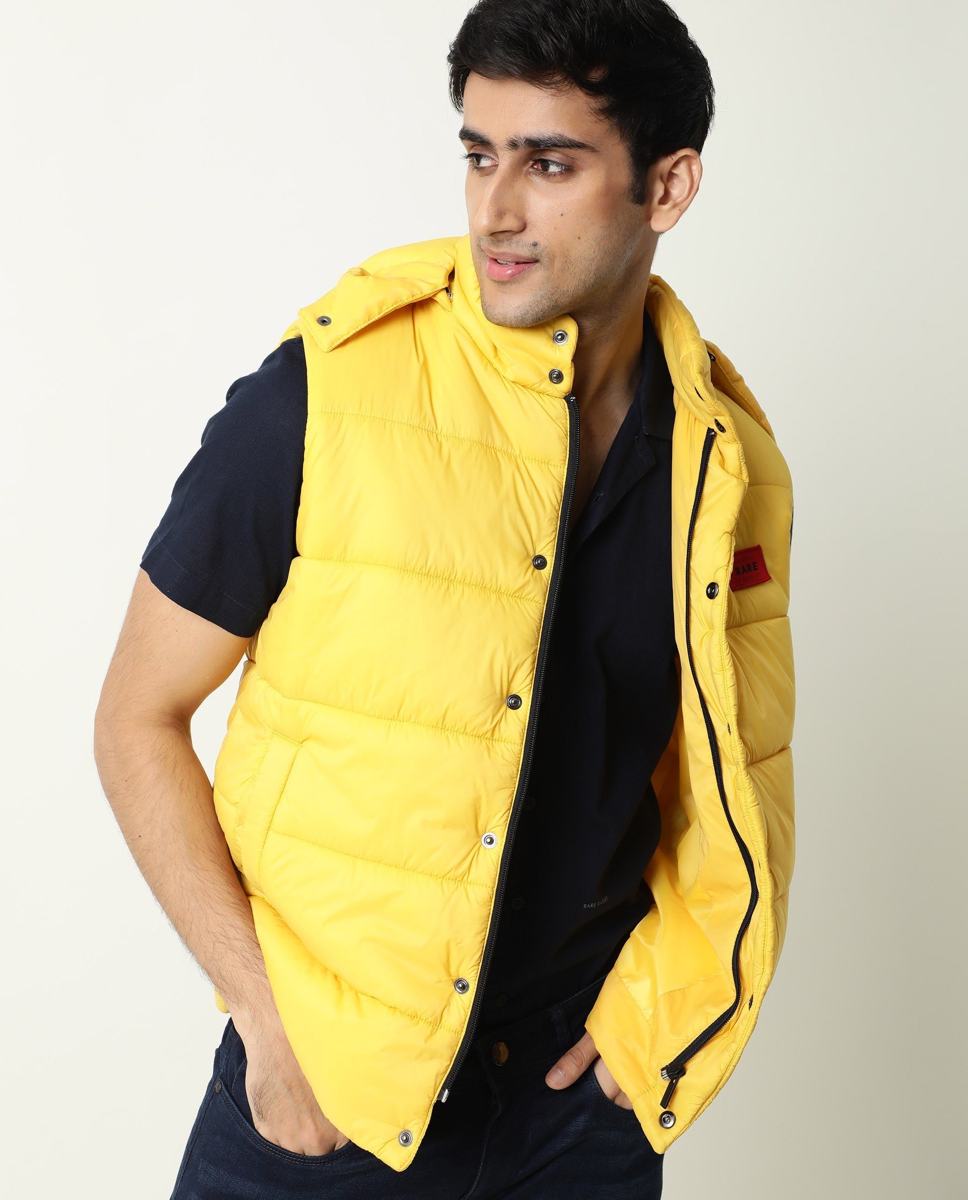 Rare Rabbit Men's Depot Yellow Plain Sleeveless Detachable Hood Puffer Jacket