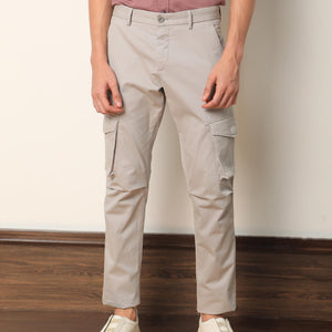 Rare Rabbit Men's Celu Grey Solid Mid-Rise Cargo Style Slim-Fit Trouser