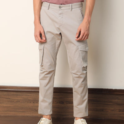 Rare Rabbit Men's Celu Grey Solid Mid-Rise Cargo Style Slim-Fit Trouser