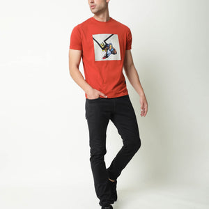 Rare Rabbit Mens Chak Rust T-Shirt Cotton Fabric Slim Fit Crew Neck Short Sleeve