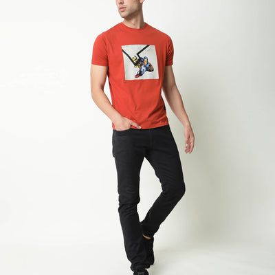 Rare Rabbit Mens Chak Rust T-Shirt Cotton Fabric Slim Fit Crew Neck Short Sleeve