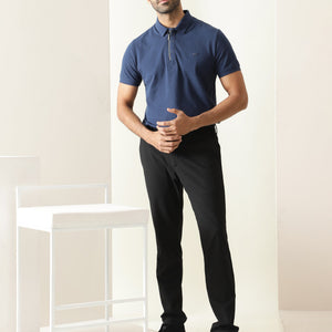 Rare Rabbit Men's Silas Blue Cotton Fabric Snap Button And Zipper Closure Collared Neck Half Sleeve Polo T-Shirt